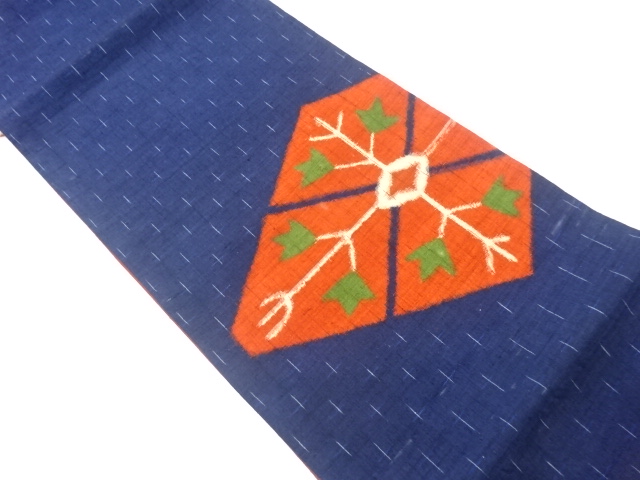 手織り紬変わり菱に抽象枝葉模様織出し袋帯